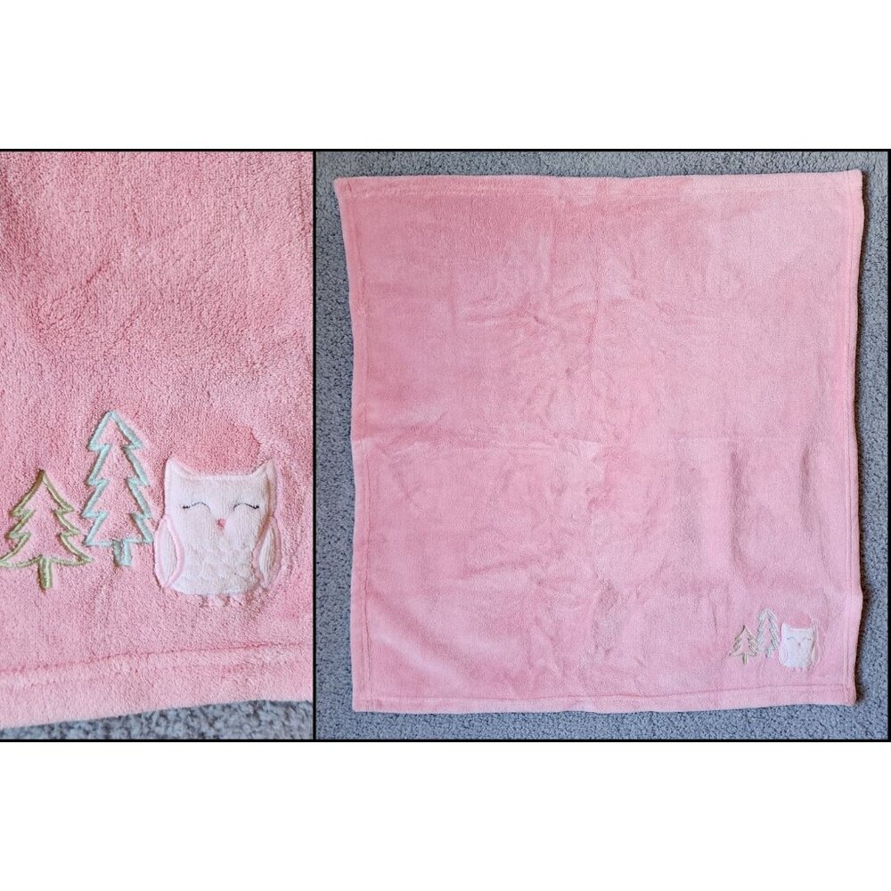 Cloud Island Pink Plush Fleece Baby‎ Blanket Embroidered Owl Trees 29" x 27"